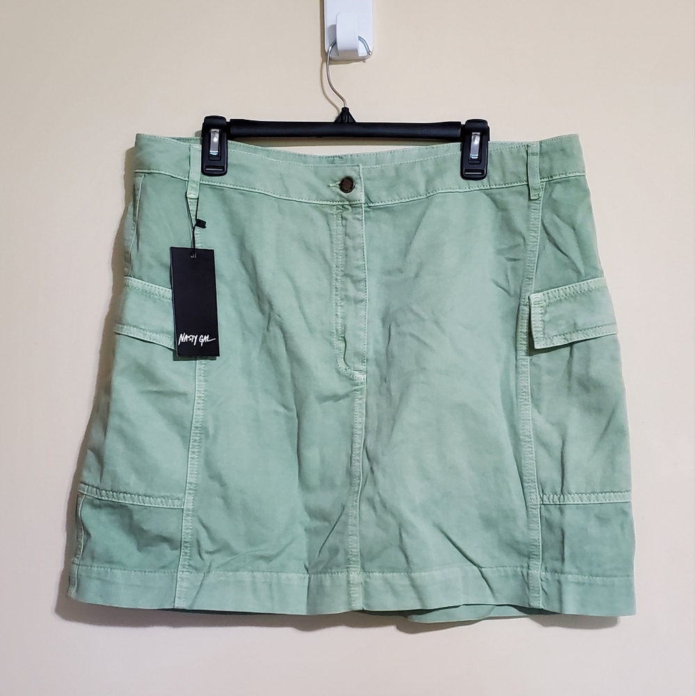 NEW Nasty Gal Utility Pocket Detail Mini Denim Skirt Sage Green Sz US 14